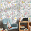 Kids Wallpaper Featuring Whimsical Cats and Dogs in Pink, Mint, and Yellow - B899