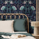 Botanical Wallpaper with a Symmetrical Floral Motif in Dark Purple, Teal, and Pink - B912