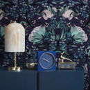 Botanical Wallpaper with a Symmetrical Floral Motif in Dark Purple, Teal, and Pink - B912