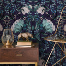Botanical Wallpaper with a Symmetrical Floral Motif in Dark Purple, Teal, and Pink - B912