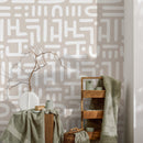 Abstract Wallpaper with Hand-Drawn Geometric Forms in Beige and White - B994