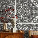 Tile Wallpaper with a Hand-Sketched Baroque Motif in Black and Gray - B148