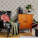 Art Deco Wallpaper with Rhythmic Interlocking Lines in Black and Cream - B287