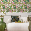 Tropical Wallpaper with Hibiscus and Palm Leaves in Rose, Green, and Yellow - B291