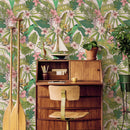 Tropical Wallpaper with Hibiscus and Palm Leaves in Rose, Green, and Yellow - B291