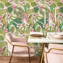 Tropical Wallpaper with Hibiscus and Palm Leaves in Rose, Green, and Yellow - B291