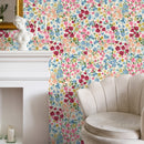Floral Wallpaper with a Colorful Wildflower Meadow in Rose, Blue, and Yellow - B298