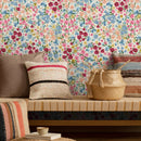 Floral Wallpaper with a Colorful Wildflower Meadow in Rose, Blue, and Yellow - B298