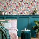 Floral Wallpaper with a Colorful Wildflower Meadow in Rose, Blue, and Yellow - B298