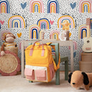 Kids Wallpaper with Hand-Drawn Rainbows and Hearts in Pink, Blue, and Orange - B299