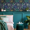Floral Wallpaper with Painterly Brush Stroke Daisies in Yellow, Mint, and Blue - B332