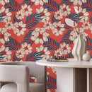 Tropical Wallpaper with Hawaiian Flowers and Areca Palms in Red, Blue, and Beige - B334