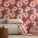 Tropical Wallpaper with Hawaiian Flowers and Areca Palms in Red, Blue, and Beige - B334