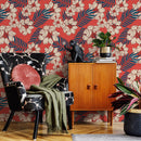 Tropical Wallpaper with Hawaiian Flowers and Areca Palms in Red, Blue, and Beige - B334