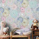 Floral Wallpaper with Doodle Style Mandalas in Teal, Pink, and Green - B361
