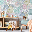 Floral Wallpaper with Doodle Style Mandalas in Teal, Pink, and Green - B361