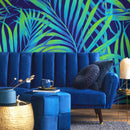 Tropical Wallpaper with Neon Palm Leaves in Blue and Green - B378