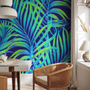 Tropical Wallpaper with Neon Palm Leaves in Blue and Green - B378