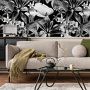 Botanical Wallpaper Featuring Flowers in Black and White - B054