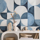 Geometric Wallpaper with a Watercolor Circle Motif in Shades of Blue - B091