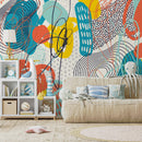 Abstract Wallpaper with Energetic Scribbles in Teal, Orange, and Yellow - B094