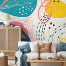 Abstract Wallpaper with a Playful Collage of Shapes in Teal, Pink, and Yellow - B095