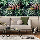 Botanical Wallpaper with Oversized Monstera Leaves in Green and Pink - B116