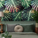 Botanical Wallpaper with Oversized Monstera Leaves in Green and Pink - B116