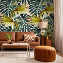 Tropical Wallpaper Featuring Monstera and Palm Leaves in Green, Yellow, and Red - B117