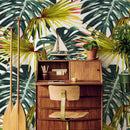 Tropical Wallpaper Featuring Monstera and Palm Leaves in Green, Yellow, and Red - B117