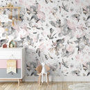 Floral Wallpaper with Abstract Watercolor Flowers in Pink and Gray - B135