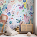 Abstract Wallpaper with a Collage of Flowers and Shapes in Pink, Blue, and Purple - B176