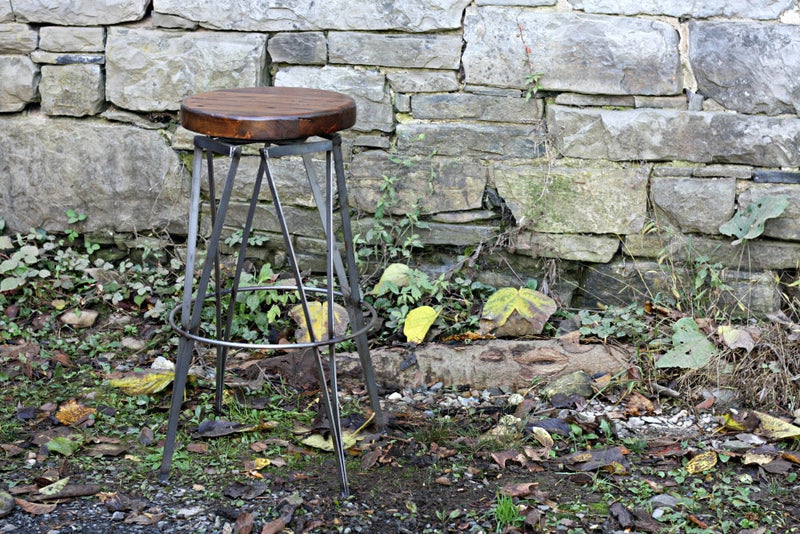 Bar stools counter height industrial - Reclaimed wood bar stool with metal legs - Vintage style tall swivel pub stools