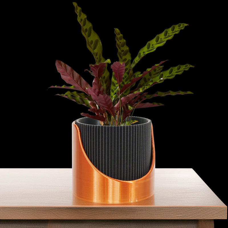 4 Inch Self Watering Planter, Large Indoor Outdoor Plant Pot with Drainage, Terracotta, Green, Beige, Modern Ribbed Design Mustard / Grey