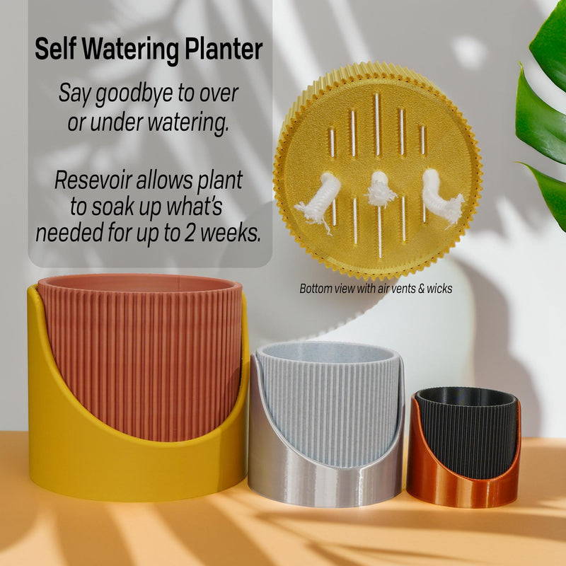 4 inch plant pots with drainage 4 Inch Self Watering Planter, Large Indoor Outdoor Plant Pot with Drainage, Terracotta, Green, Beige, Modern Ribbed Design Mustard / Grey