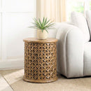 Modern Solid Wood Lattice Carved 17" Round End Table