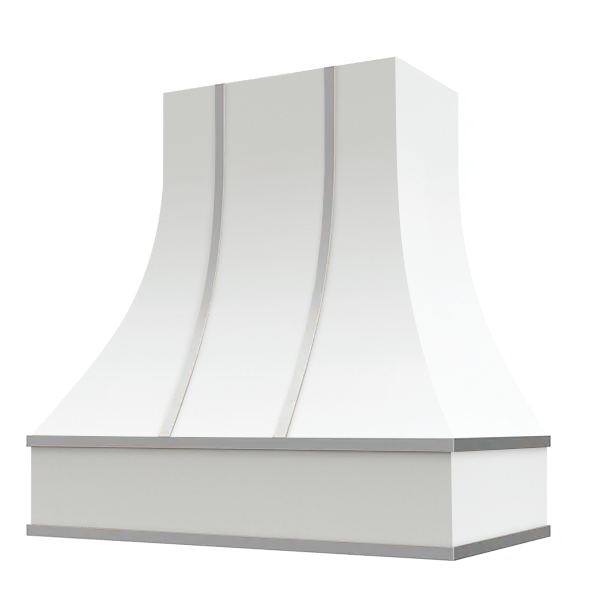 White Range Hood With Curved Front, Silver Strapping and Block Trim - 30", 36", 42", 48", 54" and 60" Widths Available
