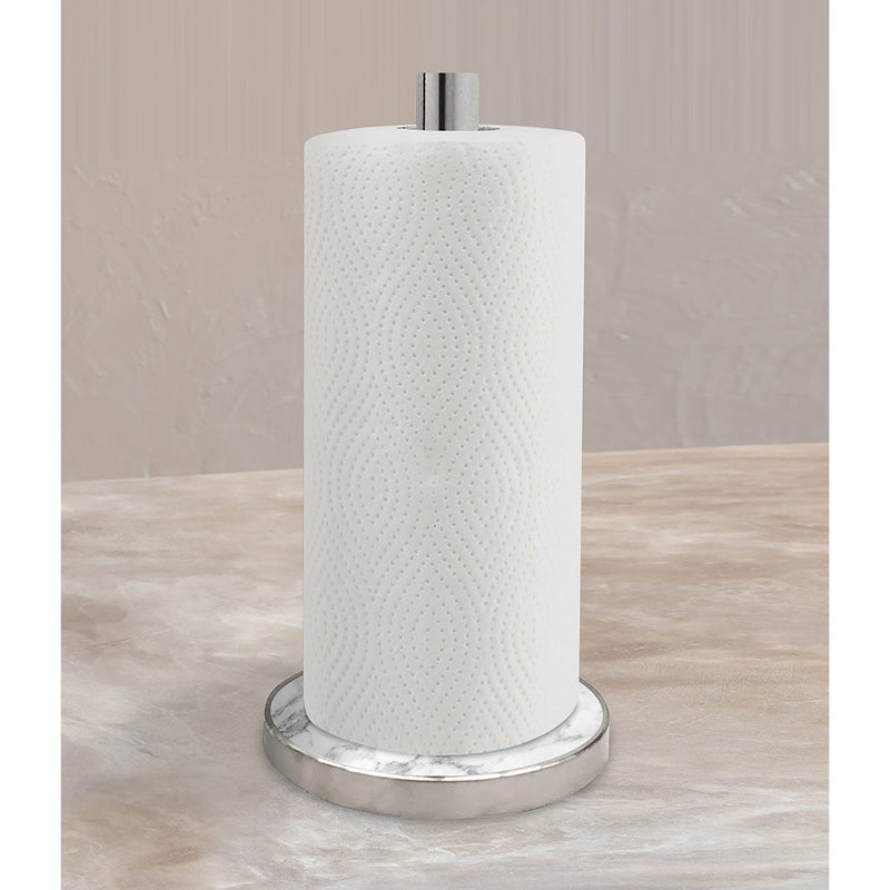 PREMIUS Round Paper Towel Holder With White Glass Marble Design Base, Satin Polish