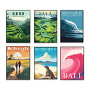 DecorBites™ Bali Surfing Poster - Uluwatu, Canggu, Pererenan Estuary, Borobudur, Komodo, Rice Field Illustration