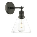 Industrial black wrought iron wall lamp with clear glass shade bedroom