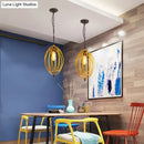 DecorBites™ Industrial Gray/Red Oval Cage Hanging Pendant Light with Adjustable Chain - 1 Bulb - Ideal for Restaurants, Metallic Design