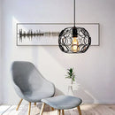 Industrial iron pendant lights black & white wireframe dining room