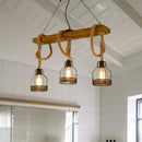 Industrial wood and rope caged restaurant island lighting kitchen chandelier