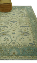 Ivory and Blue 6x9 Hand Knotted Traditional Oriental Oushak wool area rug