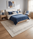 Ivory And Blue Tribal Border Design Hand Loomed Wool Area Rug
