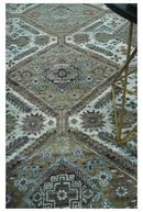 Ivory and Olive 8x10 Hand Knotted Traditional Design wool area rug