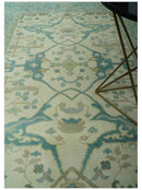 Ivory and Teal Hand Knotted 6x9 Traditional Oriental Oushak wool rug