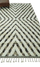 Ivory, Beige and Charcoal Modern Stripes Plush Pile Moroccan Style Hand knotted 5x8 wool Area Rug