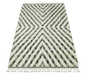 Ivory, Beige and Charcoal Modern Stripes Plush Pile Moroccan Style Hand knotted 5x8 wool Area Rug