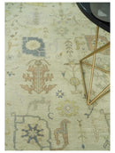 Beige and Gray Hand Knotted Traditional Persian Oushak Wool Rug